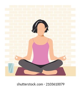 The woman sitting in the lotus position is practicing meditation, is happy and feels great, radiating positive feminine energy. Yoga practice. Vector.