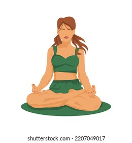 Woman sitting in lotus position, practicing meditation. Vector illustration in green colors for yoga, meditation and mindfulness, for healthy lifestyle. Padmasana yoga pose, woman in faceless style.