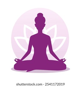 Woman sitting in lotus position practicing meditation. Yoga girl vector  illustration.