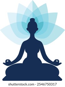 Woman sitting in a lotus position, practicing yoga. The image is a simple schematic silhouette with a flat vector illustration style