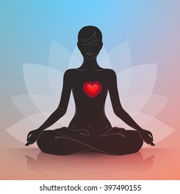 Woman is sitting in lotus position. Red heart. Dark silhouette. Symbol of lotus flower at background. Harmony and tranquility in heart and thoughts