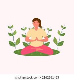 Woman sitting in lotus yoga pose on natural green background. Beautiful flat vector illustration.