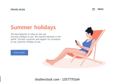 Woman sitting in a lounge chair on a white background. Summer holidays in the southern resorts. Vector flat illustration