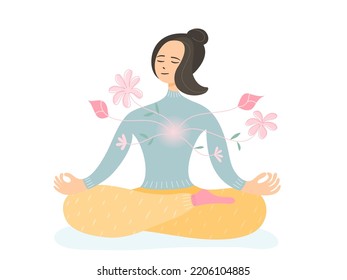 A woman sitting and meditating with peace of mind on white background. Mental health and emotional self care concept, flat vector illustration.