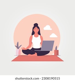 woman sitting meditating watching video class