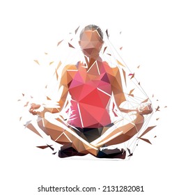 Woman sitting and meditating. Zen meditation. Low polygonal isolated vector illustration, geometric yoga logo from triangles. Front view