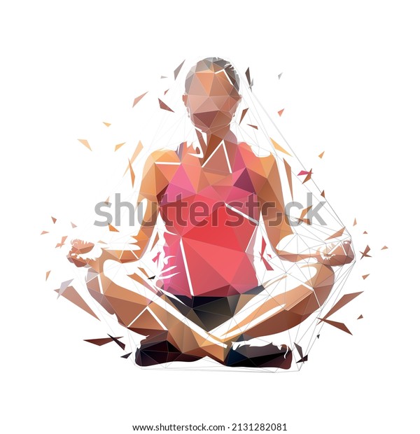 Woman sitting and meditating. Zen meditation. Low\
polygonal isolated vector illustration, geometric yoga logo from\
triangles. Front view