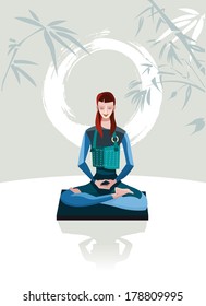 A woman sitting in meditation. Behind her calligraphy circle, symbol of emptiness.