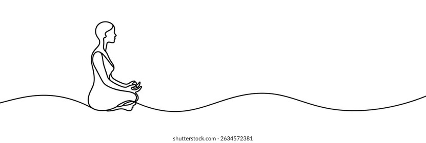 Woman sitting in meditation continuous one line drawing. Yoga sign in simple linear style. Vector illustration.