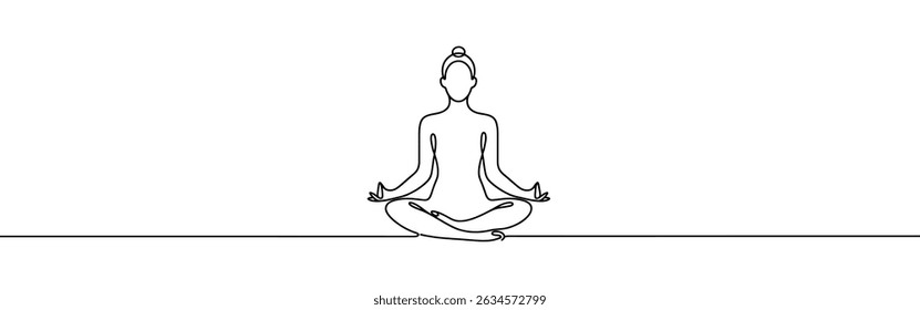 Woman sitting in meditation continuous one line drawing. Yoga sign in simple linear style. Vector illustration.