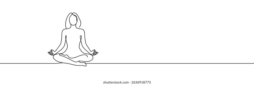 Woman sitting in meditation continuous one line drawing. Yoga sign in simple linear style. Vector illustration.