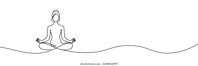 Woman sitting in meditation continuous one line drawing. Yoga sign in simple linear style. Vector illustration.