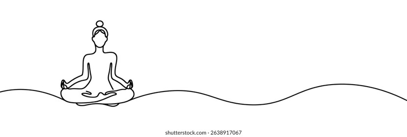 Woman sitting in meditation continuous one line drawing. Yoga sign in simple linear style. Vector illustration.