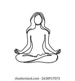 Woman sitting in meditation continuous one line drawing. Yoga sign in simple linear style. Vector illustration.
