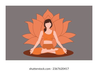 Mujer sentada en posición de meditación. El concepto de meditación Chakra en colores anaranjados. Ilustración vectorial aislada. Motivos esotéricos del budismo. Uso espiritual, yoga, deporte, medios sociales, web y diseño