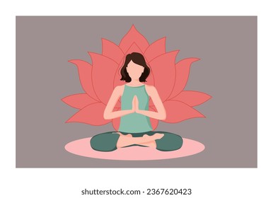 Woman sitting in a meditation position. Chakra meditation concept in red colors. Vector illustration isolated. Buddhism esoteric motivs. Use for spiritual, yoga, sport, social media, web and design.