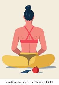 A woman sitting in a meditative pose from behind, representing mindfulness, balance and wellness in a minimalist flat design illustration with warm colors and clean shapes.