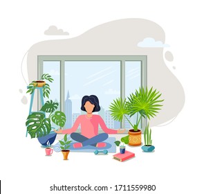 A woman is sitting in a meditative pose at green home near the window. Home gardening, urban jungle, house plant concept. Balanced and healthy lifestyle. Flat cartoon style design vector illustration.