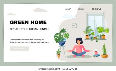 A woman is sitting in a meditative pose at green home near the window. Home gardening, urban jungle, house plant concept. Balanced and healthy lifestyle. Flat cartoon style design vector illustration.