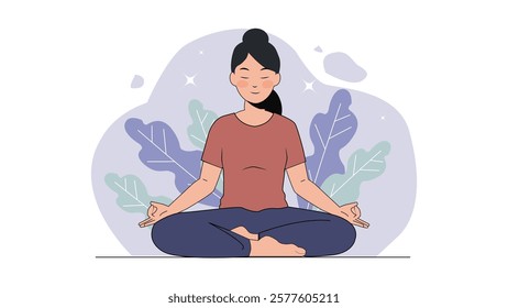 A woman sitting in a meditative pose, surrounded by nature-inspired elements, promoting peace and mindfulness