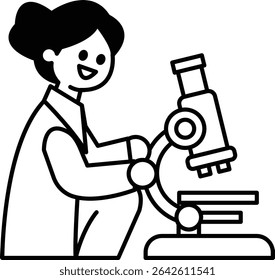 A woman is sitting at a microscope. She is smiling and she is happy. Concept of curiosity and wonder about the world of science and the study of microscopic organisms