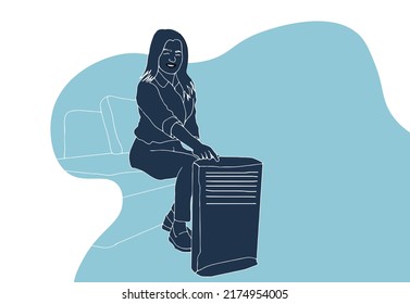 Woman sitting near air purifier and moisturizer appliance near sofa. Health microclimate at home concept. Vector illustration