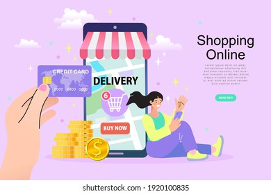 Woman sitting near a big credit card and mobile phone. Internet digital store scene with women shopping E commerce. Vector illustration.