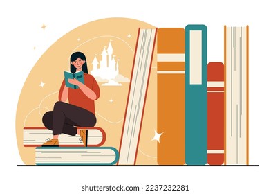 Woman sitting near books. Girl in library. Love for reading and literature, education and training, selfdevelopment. Student preparing for test or examination. Cartoon flat vector illustration