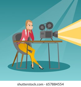 Woman sitting near a film projector in the room of projectionist. Caucasian projectionist showing a new film. Young projectionist at work. Vector flat design illustration. Square layout.