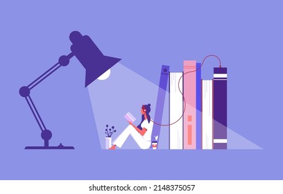 Woman sitting near pile of books with headphones and listen them online, concept of online reading or library, e-book, online education