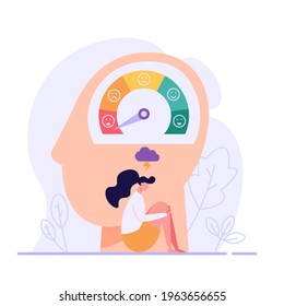 Woman is sitting near the stress scale. Concept of emotional overload, stress level, burnout, increased productivity, tiring, frustration employee in job. Vector illustration in flat design