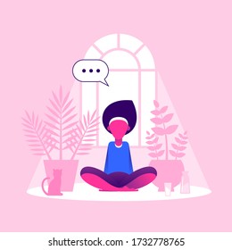 A woman sitting near a window in lotus position surrounded by plants and relaxing
