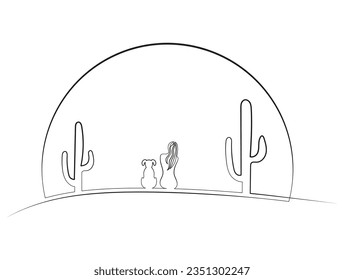 Woman Sitting Next to her Dog Looking at the Sunset in Minimal One Line Art Drawing