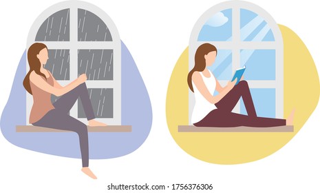 A woman sitting next to window, rainy and sunny day