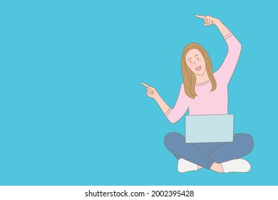 Woman is sitting with notebook on her lap and pointing empty space isolated on background, Flat illustration vector.