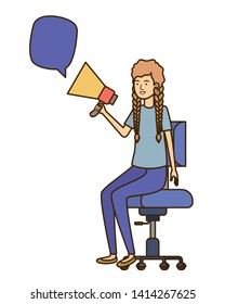 woman with sitting in office chair and megaphone