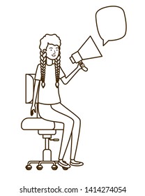 woman with sitting in office chair and megaphone