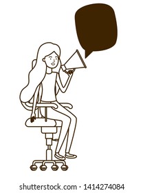 woman with sitting in office chair and megaphone