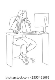 Woman sitting at office desk and using computer. Left hand at chin. Continuous line drawing. Black and white vector illustration in line art style.