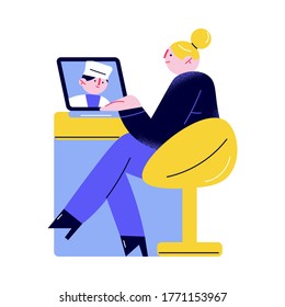 Woman sitting in office and getting online help from doctor