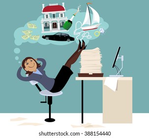 Woman sitting in an office putting her feet on a pile of papers and daydreaming about expensive things and money, EPS 8 vector illustration