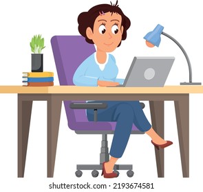 Woman sitting at office workplace and working at laptop. Cartoon freelancer