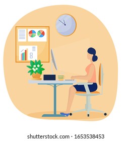 Woman sitting in ofice and typing on computer. Concept flat vector illustration of worker, business. Correct position. 