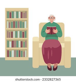 Woman sitting on armchair in apartment and reading book. Elderly, senior human spending time at home. Concept of life for older people, recreation. Flat vector illustration in green and purple colors