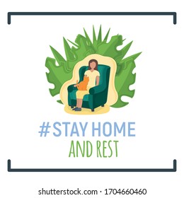 Woman sitting on armchair with cat in arms concept stay home, female character rest, relax. Isolated on white, flat vector illustration. Girl sleeping on cushioned armchair, home interior.