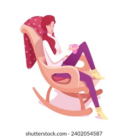 Woman sitting on armchair with cup of tea, coffee or chocolate. Relax concept. Girl resting on winter or autumn cold evening. Hygge home atmosphere. Cartoon vector illustration.