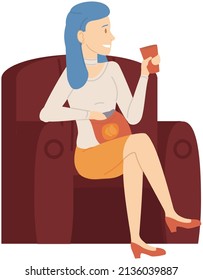Woman sitting on armchair drinking coffee or tea and eating chips. Person spends time at home alone. Girl resting with drink and food on comfortable chair. Female character during day off, weekend