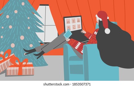 Woman sitting on the armchair, holding credit card and shopping on laptop. Christmas online shopping illustration.