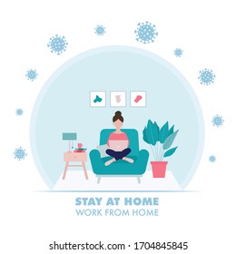 Woman sitting on an armchair with laptop and working at home during an outbreak of the Covid-19 virus flat vector illustration.Stay home,work from home concept.Self-quarantine,Coronavirus concept.