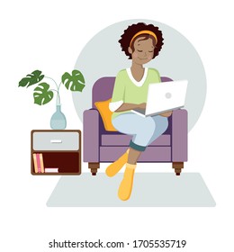 
Woman sitting on an armchair and working at home. Flat vector illustration.